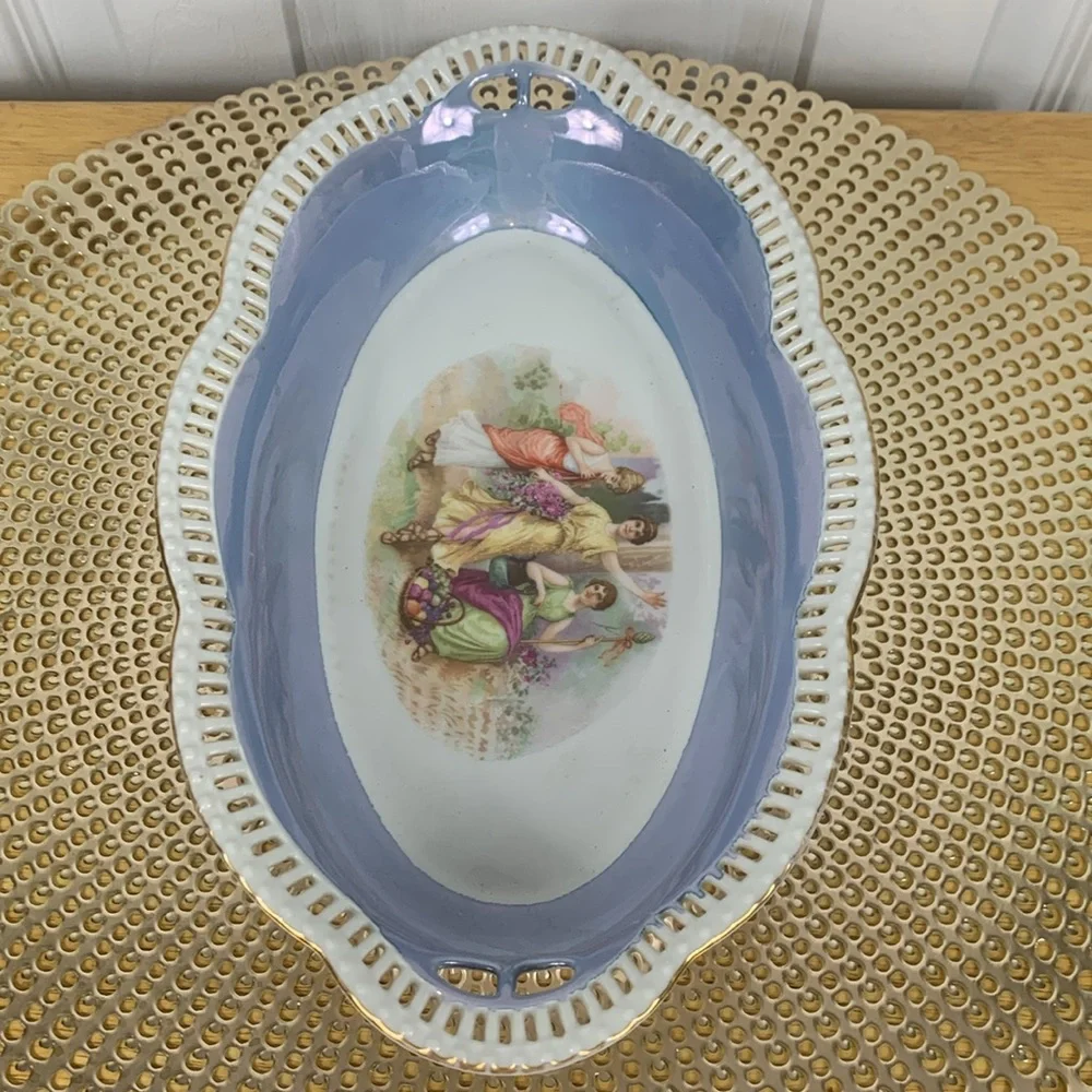 Vintage Bavaria Schumann Oval Serving Bowl 11.5” 3 Women Goddesses Open Edge